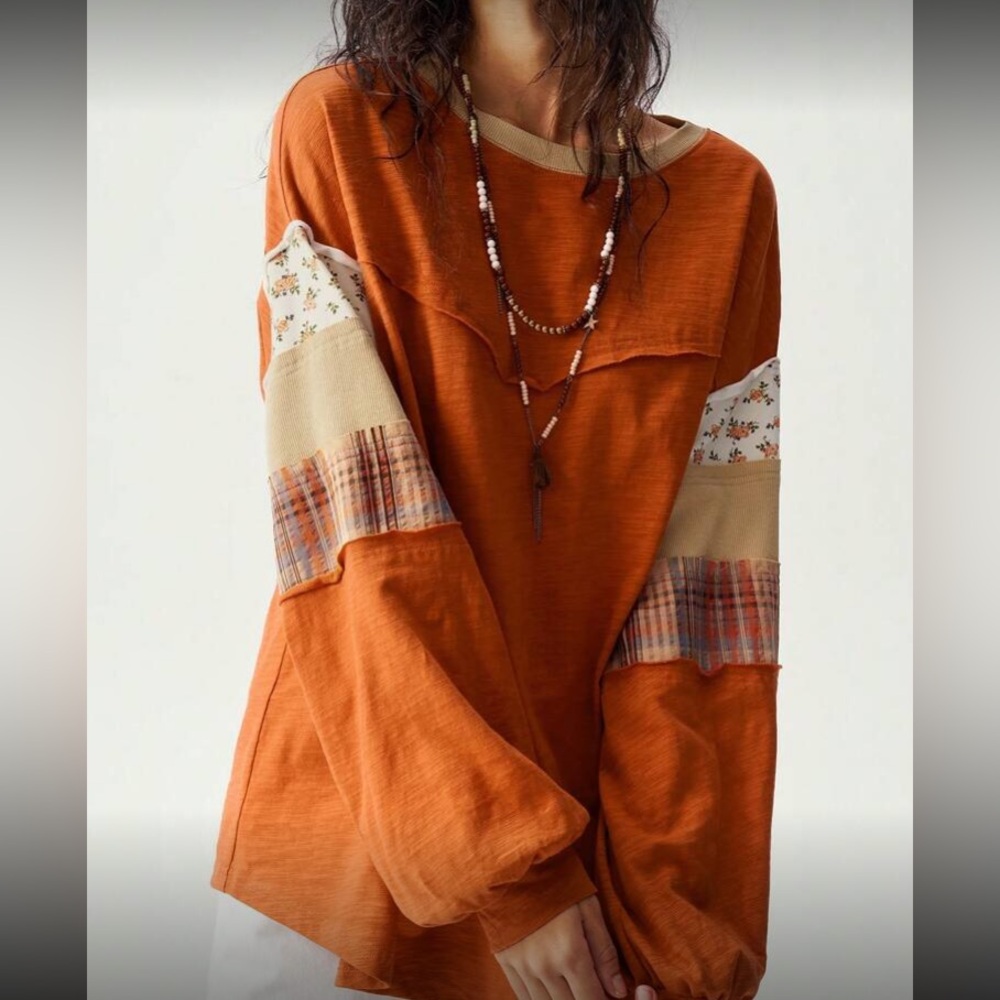 Rust Orange Patchwork Long Sleeve Top - image 2